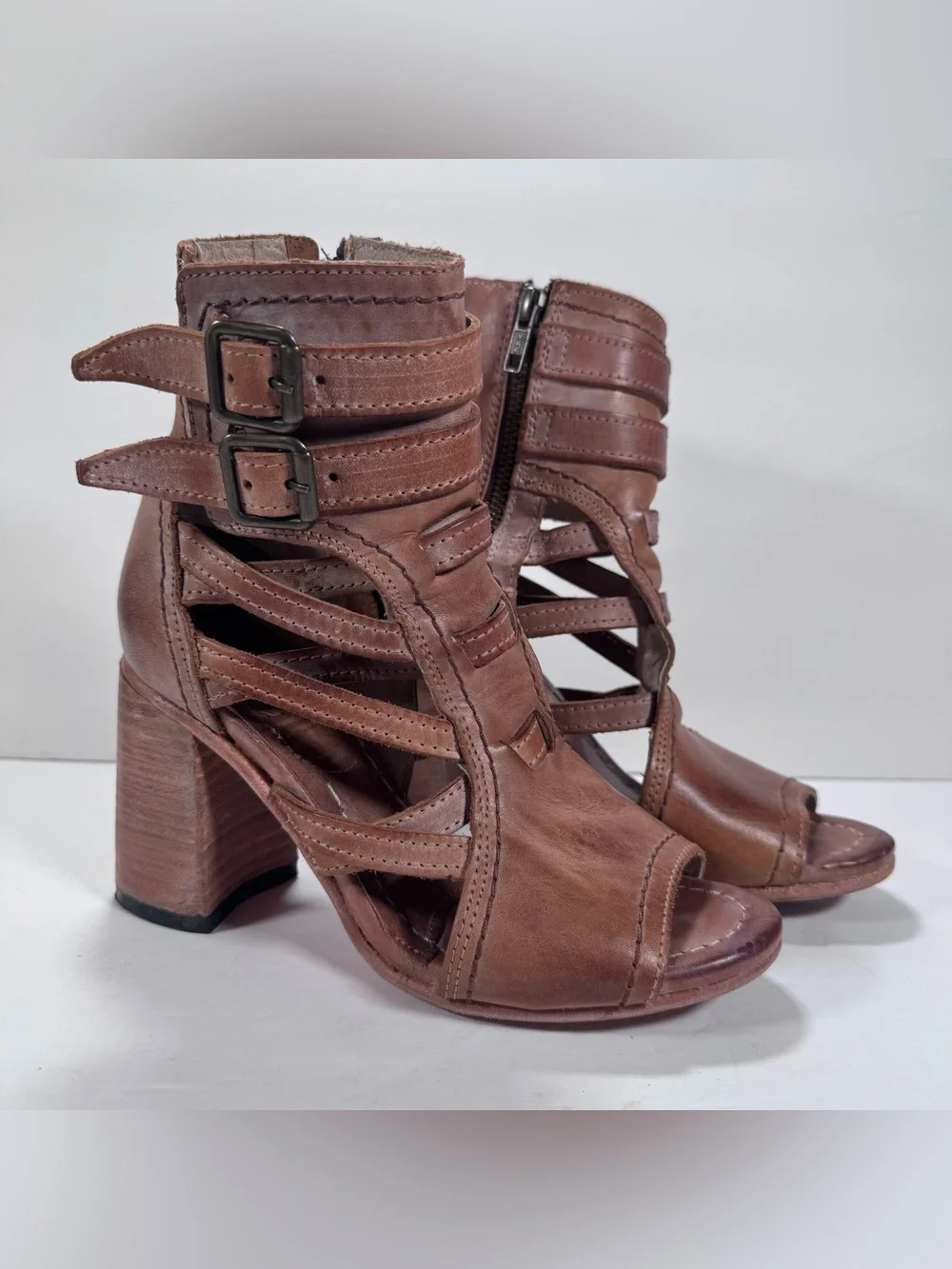 Freebird By Steven Tiara Tan Leather Chunky Block Heel Strappy Sandals Women 7